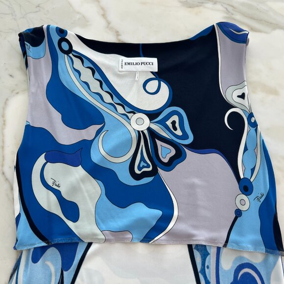 EMILIO PUCCI BLUE MULTI ICONIC PRNT SLEEVELESS DRESS SIZE IT 42 / US 8 - Picture 16 of 17